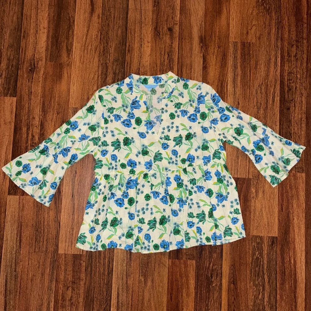Draper James Women Blue Green Floral Linen Blend Bell Sleeve Peplum Top Size M